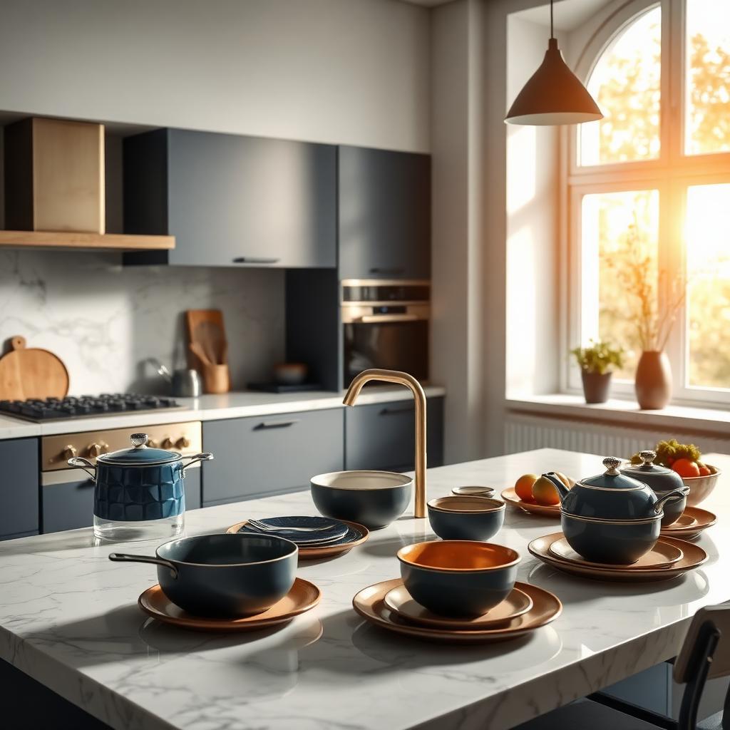 A modern kitchen styled with RRABIE cookware and dinnerware
